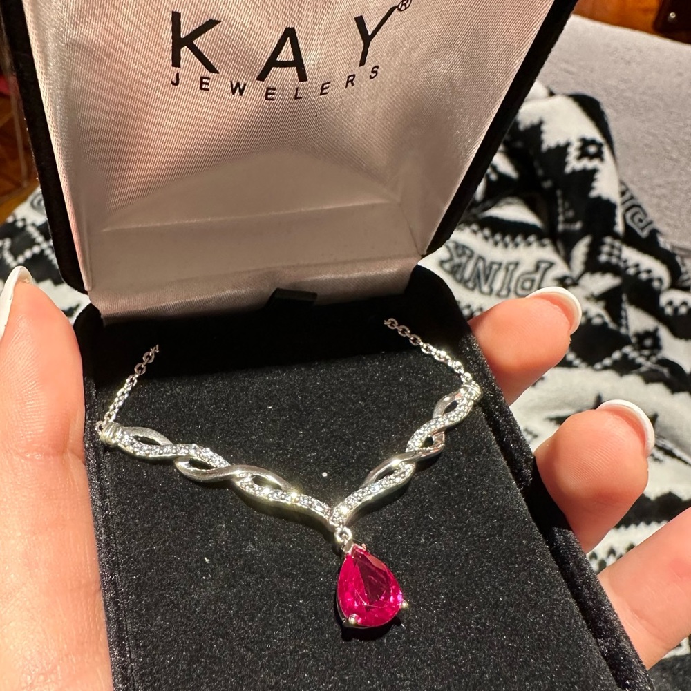 Sterling Silver Diamond Swirl Pearl Ruby Necklace